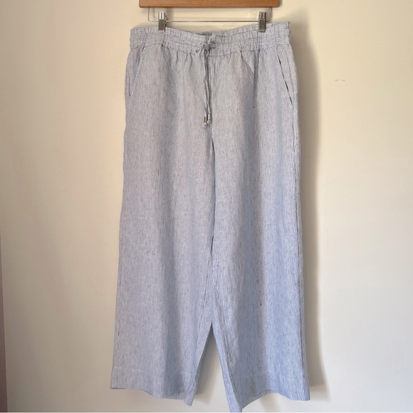 CALLIGRAPHIE 100% Linen Striped Elasticated Waist Wide Leg Pants Coastal Summer - Picture 1 of 11